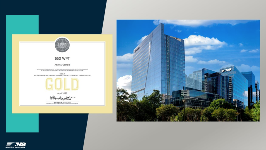 “Achieving LEED certification is more than just implementing sustainable practices,” USGBC President and CEO Peter Templeton said. “It represents a commitment to making the world a better place and influencing others to do better. Given the extraordinary importance of climate protection and the central role buildings play in that effort, Norfolk Southern is creating a path forward through [its] LEED certification.”