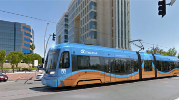 This artist rendering shows the concept for the OC Streetcar LRVs that will run through Santa Ana and Garden Grove, Calif. (Photo Courtesy OCTA)