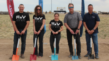 Pictured (left to right) at the High Speed Loop groundbreaking this month are MxV Rail’s senior management Shawn Vecellio, Tammy Bregar, Kari Gonzales, and Ken Laine, and PuebloPlex Director of Operations Chris Bolt.