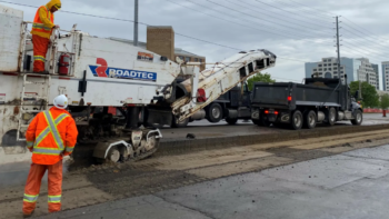 A closer look at asphalt milling, a process that reuses asphalt material. (Photograph and Caption Courtesy of Metrolinx)