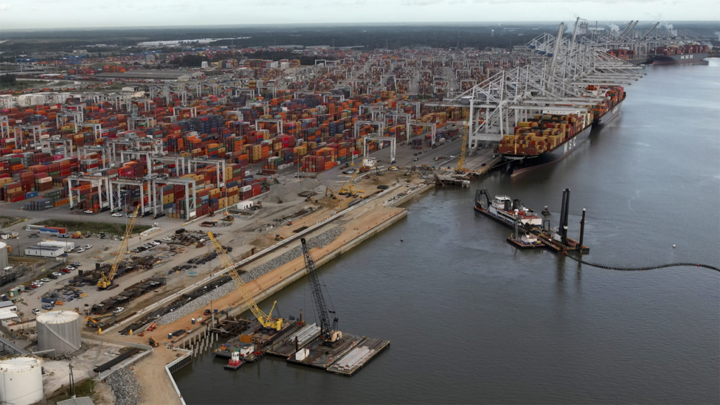 Pictured: Crews work to prepare Berth 1 at Georgia Ports Authority’s Garden City Terminal to serve vessels with a capacity of 16,000-plus TEUs. GPA is building new berth and container yard capacity to accommodate growing demand. (Caption and Photograph Courtesy of GPA)