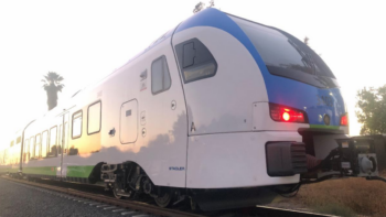 Pictured: Stadler low-floor FLIRT DMU train testing is being conducted along the nine-mile Arrow passenger rail corridor, linking the San Bernardino Transit Center and the University of Redlands in California. (Courtesy of SBCTA)