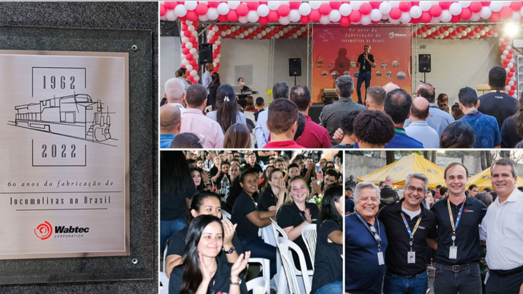 Wabtec Corporation employees gathered this week to celebrate 60 years of locomotive production in Brazil. (Photo Collage Courtesy of Wabtec, via Twitter)