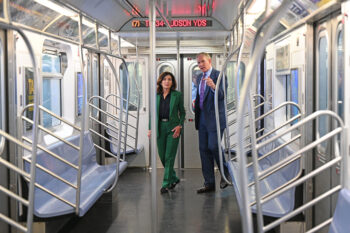 Gov. Hochul, MTA Chief Executive Officer Janno Lieber, and Demetrius Crichlow, Senior Vice President of NYCT Subways tour a 7 train with newly installed high- resolution security cameras at the Corona Maintenance Facility in Queens, Tuesday Sept. 20, 2022. Eventually, all 6,500-plus subway cars in the NYCT system will be outfitted with two high resolution video cameras to ensure safety for straphangers. (Kevin P. Coughlin / Office of Governor Kathy Hochul)