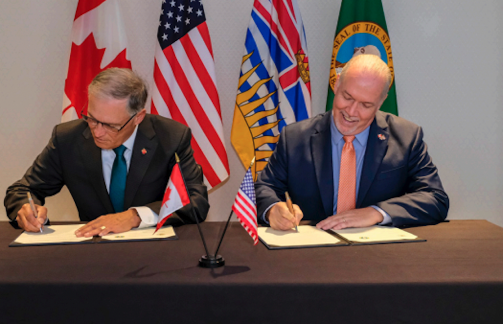Premier John Horgan and Gov. Inslee signed a MOU in October 2018 to “act jointly to grow the region’s innovation economy, protect the environment and combat climate change, promote trade and improve transportation connectivity.”