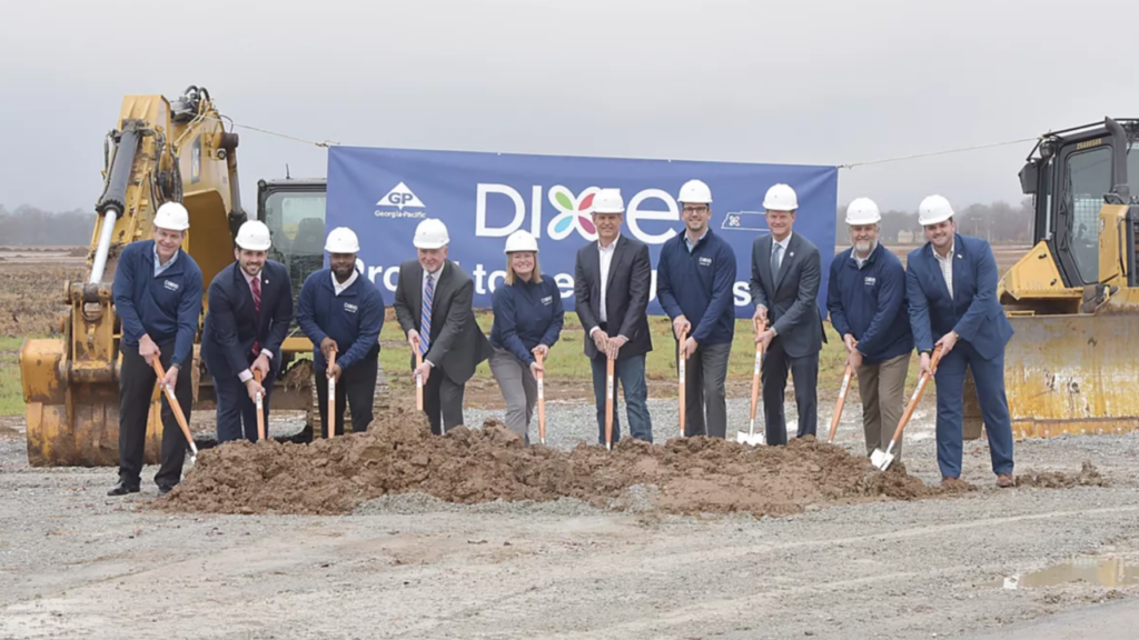 Dec. 9, 2022 groundbreaking of the new Dixie facility in Jackson, Tenn. Pictured: Jeff Fleck (GP), Scott Conger – Jackson Mayor, Mike Cook (GP), Kyle Spurgeon – President/CEO, Greater Jackson Chamber, Carrie Shapiro – VP of Dixie® Manufacturing, Bill Lee – Tennessee Governor, Nate Smiga (GP), Stuart McWhorter – Commissioner, Tennessee Economic and Community Development, Andrew Noble (GP), AJ Massey – Madison County Mayor. (Caption and Photograph Courtesy of Georgia-Pacific)