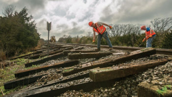 Recycling used railroad crossties into bio feedstocks is one of the opportunities that UP and Shell will explore together. (Photograph Courtesy of UP)