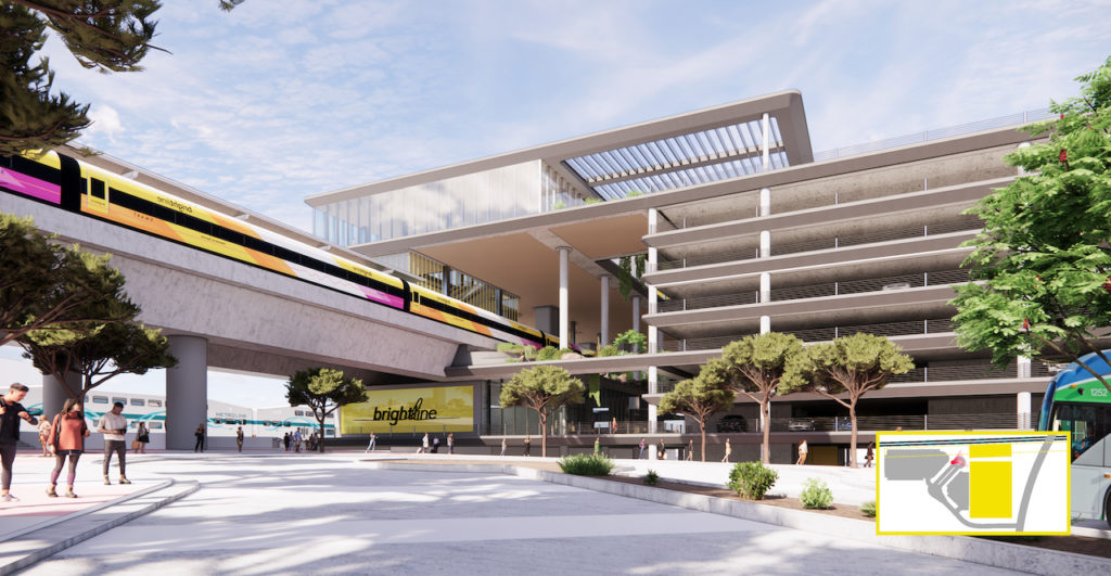 The Brightline West Cucamonga Station in Rancho Cucamonga, Calif., will be home to the first high-speed passenger rail service in the Inland Empire connecting Rancho Cucamonga, the High Desert and Las Vegas. (Graphic: Business Wire)