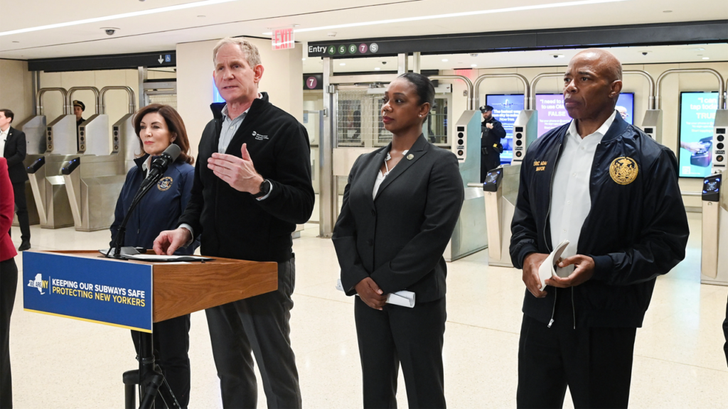 New York Gov. Kathy Hochul (far left), New York City Mayor Eric Adams (far right), and New York City Police Commissioner Keechant Sewell joined MTA Chair and CEO Janno Lieber at Grand Central-42 Street on Oct. 22, 2022 to announce new initiatives in NYCT subway safety and security. (Marc A. Hermann / MTA)