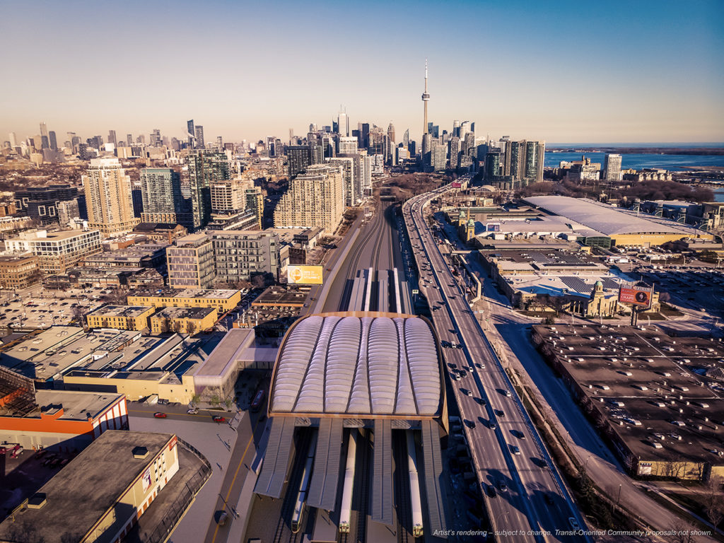 Artist’s rendering showing an aerial view of Ontario Line’s Exhibition Station on Toronto’s west side. (Image Courtesy of Metrolinx)