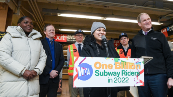 New York MTA Chair and CEO Janno Lieber, NYCT President Richard Davey and MTA acting Chief Customer Officer Shanifah Rieara recognized Bronx resident Sasha Salazar as the one-billionth subway rider of 2022 on Dec. 27. (Marc A. Hermann / MTA)
