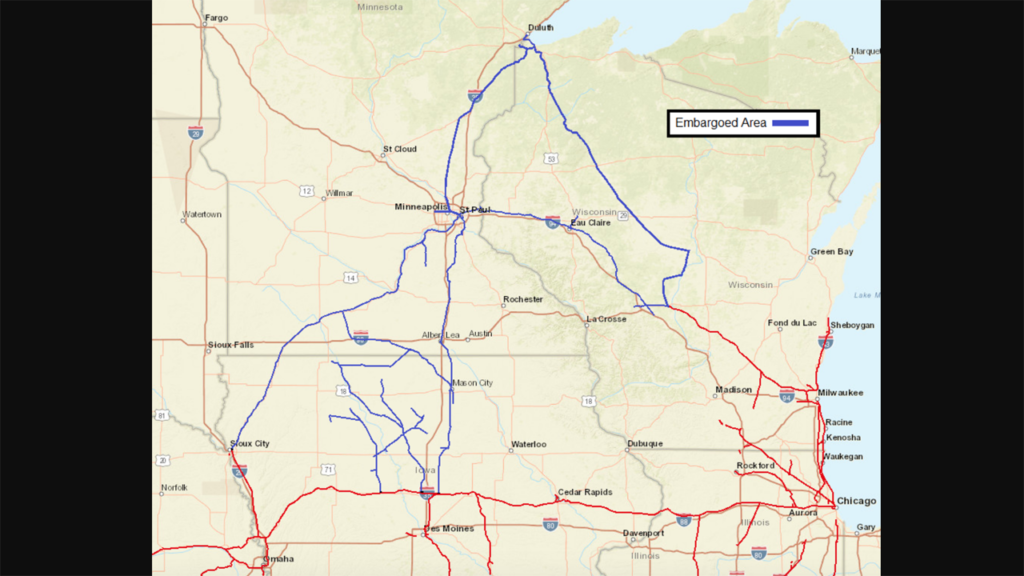 UP has implemented a “catastrophic” embargo for all traffic in and out of the Iowa, Minnesota, and Wisconsin region (pictured) due to severe winter weather.