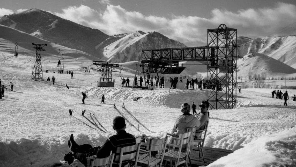 The new chairlift in operation on the slopes, Sun Valley, Idaho, 1937.