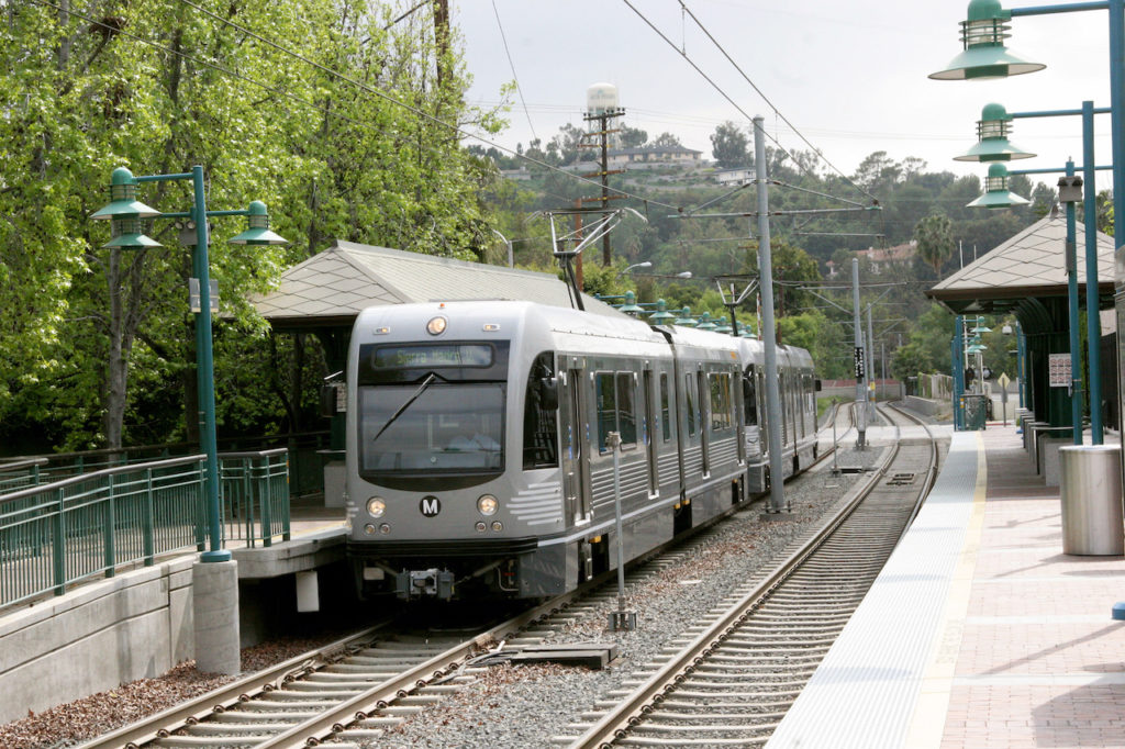 Los Angeles Gold Line Breda LRVs arrive at the Mission (Meriden Ave) station in Pasadena. (Joseph M. Calisi Photography©, All Rights Reserved)