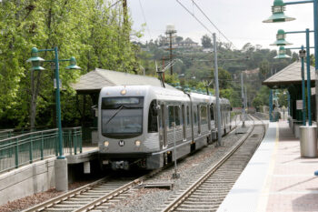 Los Angeles Gold Line Breda LRVs arrive at the Mission (Meriden Ave) station in Pasadena. (Joseph M. Calisi Photography©, All Rights Reserved)