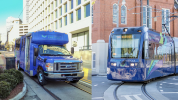 As MARTA’s streetcar vehicle wheels are being replaced due to degradation, shuttle vans wrapped to look like streetcars are servicing the Atlanta, Ga., route. (MARTA Photographs)