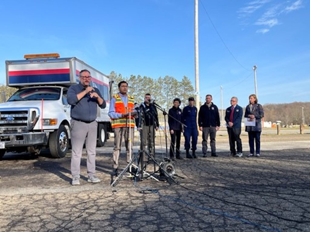 FRA Administrator Amit Bose speaks about national rail safety initiatives at a FEMA-led press briefing.