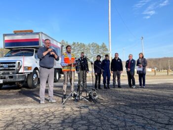 FRA Administrator Amit Bose speaks about national rail safety initiatives at a FEMA-led press briefing.