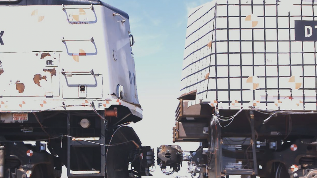 Pre-impact photo of conventional locomotive (left) and CEM locomotive (right). (Caption and Photograph Courtesy of FRA)