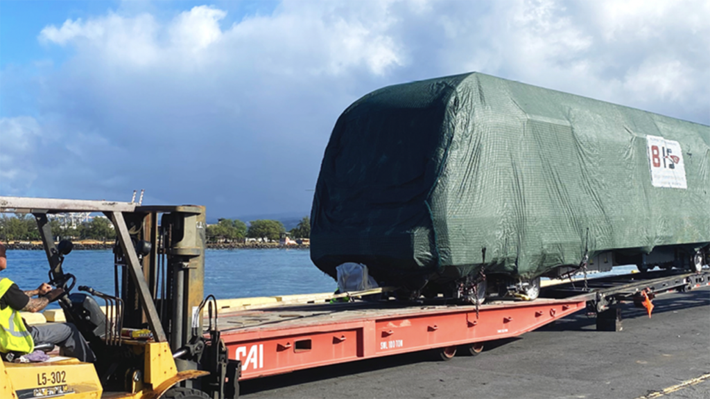 Honolulu Authority for Rapid Transit on May 10 took delivery of the 19th of 20 four-car light metro trains from Hitachi. It is gearing up for a June 30 launch of the first 10.8-mile segment of its nearly 20-mile line. (HART Photograph)