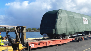Honolulu Authority for Rapid Transit on May 10 took delivery of the 19th of 20 four-car light metro trains from Hitachi. It is gearing up for a June 30 launch of the first 10.8-mile segment of its nearly 20-mile line. (HART Photograph)