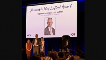 Amtrak CEO Stephen Gardner earlier this month received the Honorable Ray LaHood Award for 2023 at WTS International’s annual conference in Atlanta, Ga. (Amtrak Photograph)