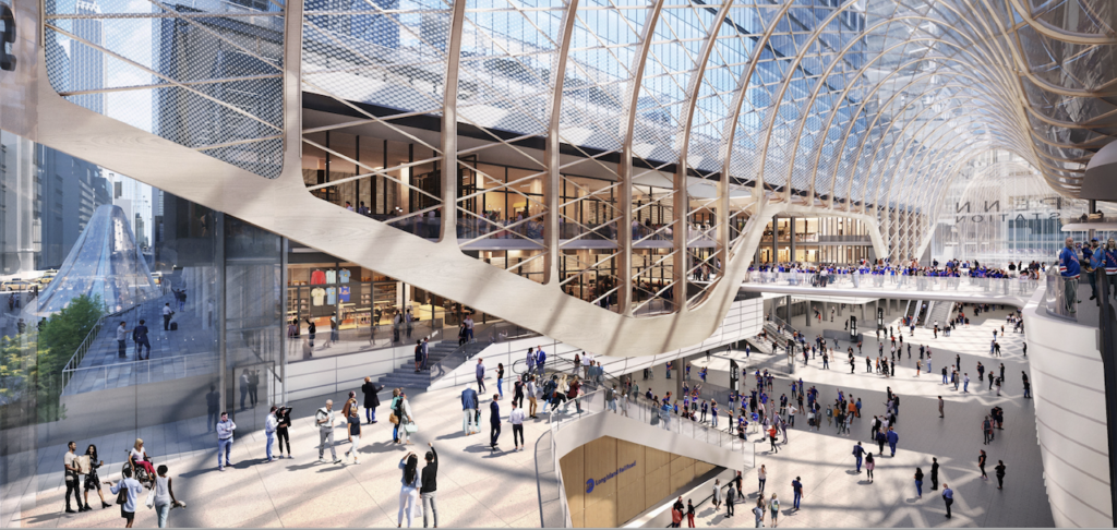 Aerial view of mid-block train hall from 33rd St facing south. (Rendering Courtesy of MTA)