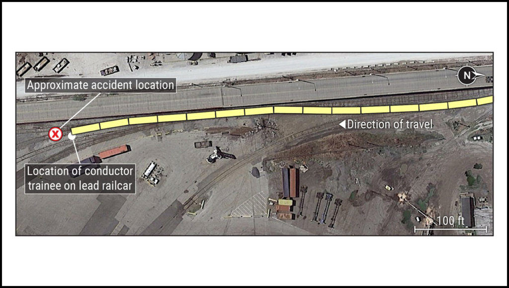 On June 26, 2023, a CSX conductor trainee was killed during a shoving movement at the Seagirt Marine Terminal in Baltimore, Md. Shown above: an illustrated aerial view of the accident scene. (Source: Google Earth; Courtesy of NTSB)