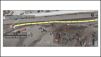 On June 26, 2023, a CSX conductor trainee was killed during a shoving movement at the Seagirt Marine Terminal in Baltimore, Md. Shown above: an illustrated aerial view of the accident scene. (Source: Google Earth; Courtesy of NTSB)