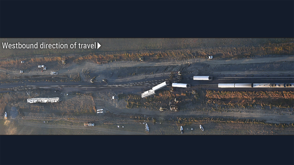 Aerial view of the Amtrak Empire Builder derailment scene, Sept. 25, 2021. (NTSB Report Photograph, Courtesy of the Billings Gazette)