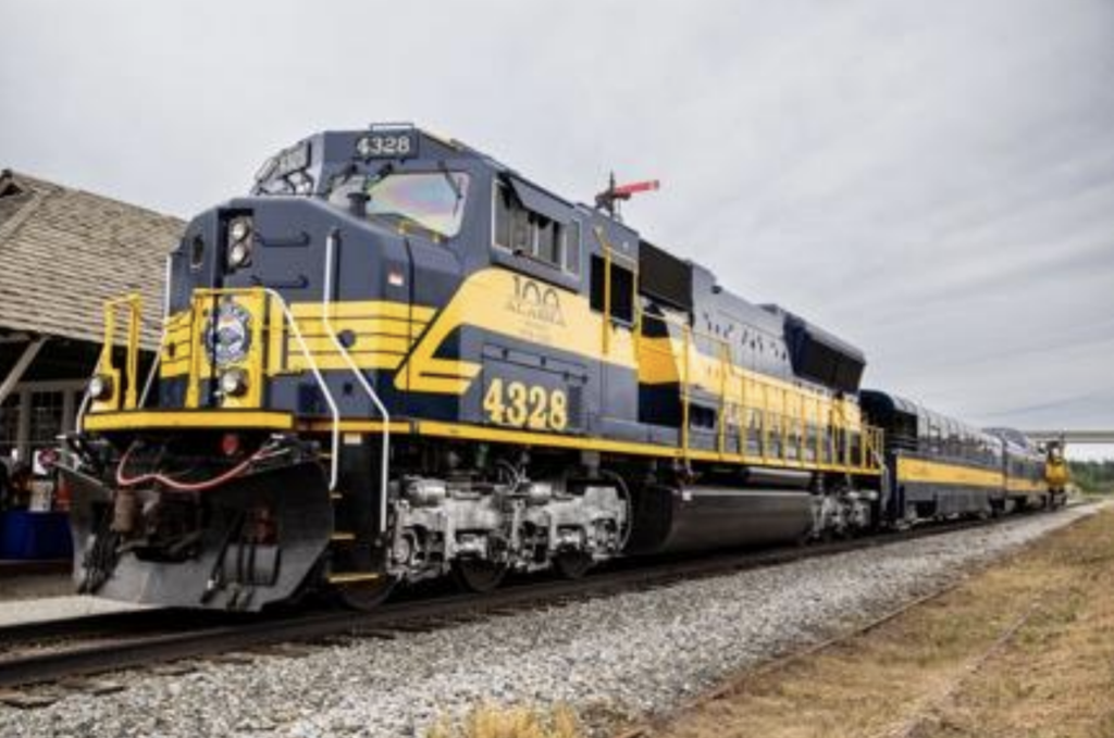 An Alaska Railroad charter train is positioned near the Nenana Alaska Railroad Depot for the centennial celebration on July 15, 2023. (Photo Courtesy of ARRC)