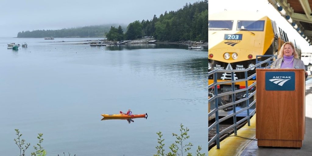 Jo Strang kayaking in Seal Cove, Maine (left); Jo Strang presenting on behalf of OLI (right).