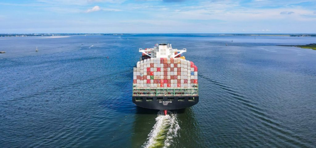 A cargo ship filled with goods sails through Charleston Harbor. South Carolina now has the deepest harbor on the U.S. East Coast at 52 feet. (Photo/Provided by Matthew Peacock Media)