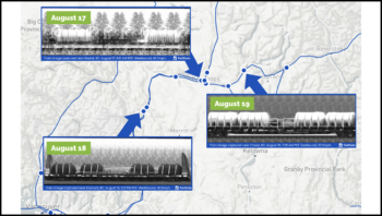CN and CPKC have been regularly deploying fire suppression cars throughout B.C., according to RailState, whose sensors captured the train images above at Kissick, Drynoch and Chase during the intense wildfire activity over the past week.