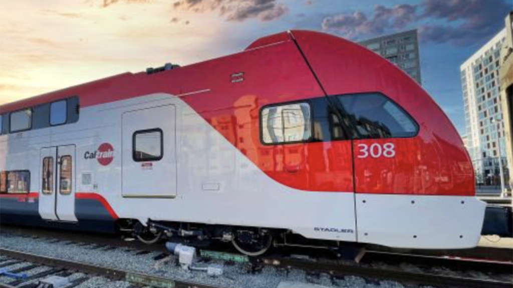 Caltrain’s bilevel EMUs from Stadler operated under power from the overhead contact system (OCS) for the first time this spring. Earlier this month, the Caltrain Board approved exercising the options on its Stadler contract for four more EMUs. The commuter railroad will now order a Stadler battery-equipped EMU. (Caltrain Photograph)
