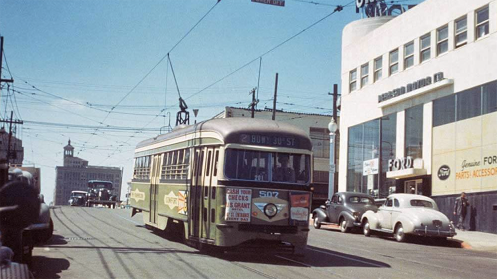 San Diego Electric Railway PCC streetcar on Route 2 travels eastbound on Broadway between 12th Ave. and 13th St. in the late 1940s. (Caption and Photograph Courtesy of San Diego MTS)