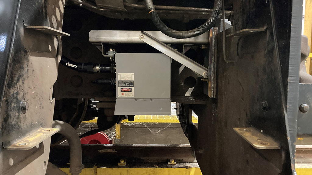 Pictured: Kawasaki Track Technologies’ locomotive-mounted autonomous track geometry monitoring system. (Photograph Courtesy of Kawasaki)