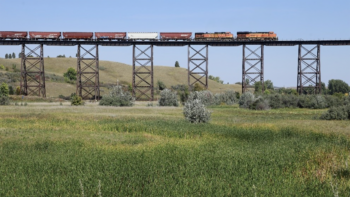 The first BNSF grain shuttle leaving Minnesota for the Pacific Northwest, September 2023. (Caption and Photograph Courtesy of BNSF)