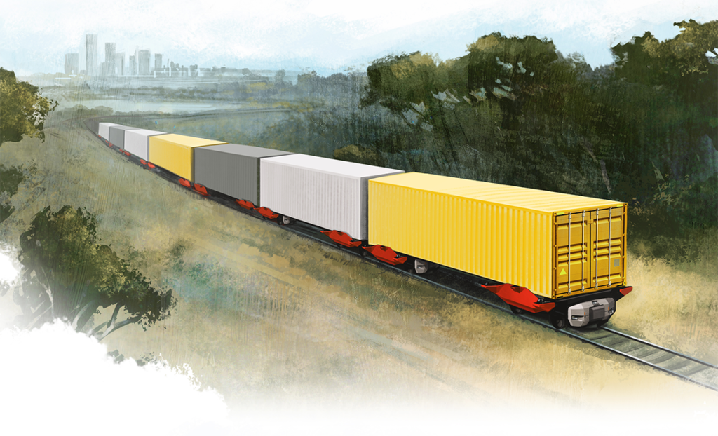 Parallel Systems plans to start “platoon demonstrations” of second-generation autonomous battery-electric railcars later this year. According to the company, each railcar is individually powered and can “form platoons of up to 50 cars to reduce energy consumption and efficiently use rail network capacity” or split off to multiple destinations while en route. (Rendering Courtesy of Parallel Systems)