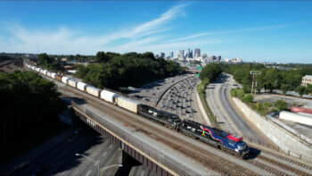 Norfolk Southern locomotives, led by 6920, the &ldquo;Veterans Engine,&rdquo; hauling Northrop Grumman SLS rocket components for Artemis II: Mission to the Moon through Atlanta, Ga.