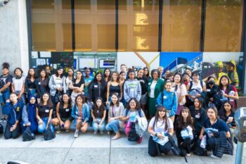 A photo of the attendees who participated in the Girls in Motion Fall 2023 Summit, hosted at BART Headquarters on Thursday, Oct. 19, 2023. Photo courtesy of Conner L’Hommedieu of Kimley-Horn.