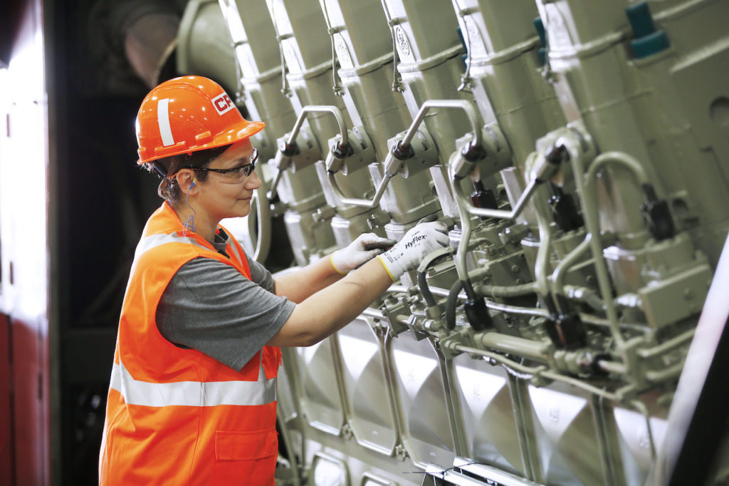 Cara Chell, diesel mechanic, is photographed in the Winnipeg CP service yard April 17, 2019.