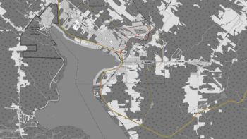 Current railway alignment through Lac_Mégantic. OpenRailwayMap.