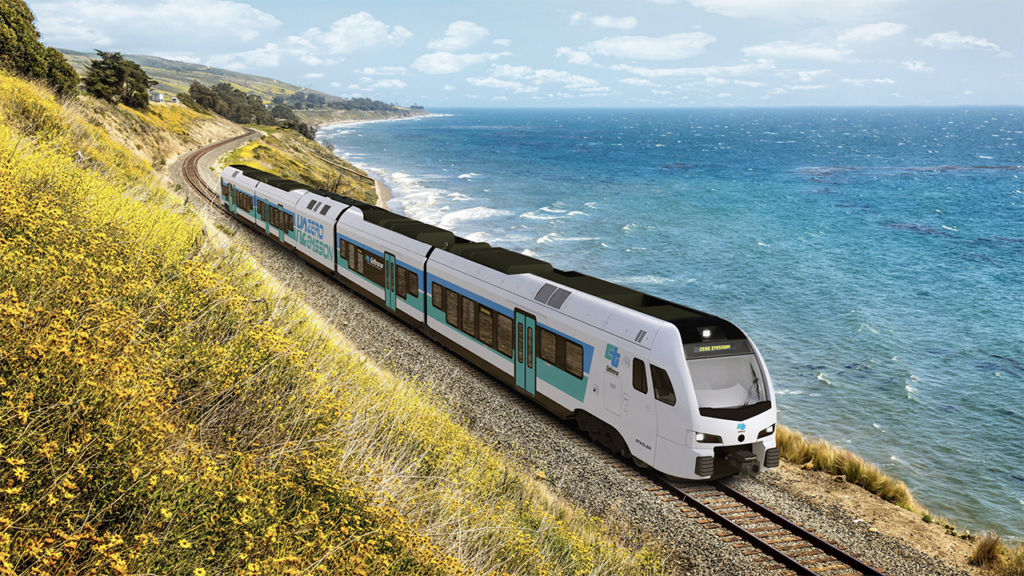 The state of California and Stadler have signed a contract for four hydrogen-powered trainsets, “marking a significant step towards a sustainable, emissions-free future for the Golden State,” Stadler reported in an Oct. 12 LinkedIn post. (Rendering Courtesy of Stadler)