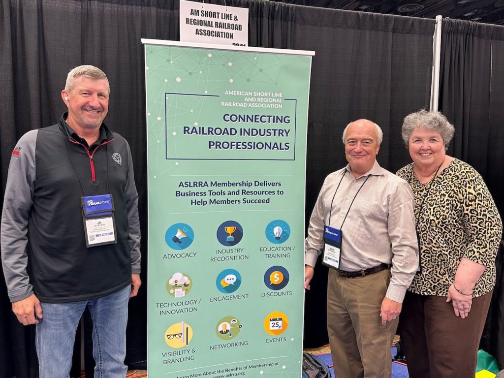 ASLRRA staff members (L to R) JR Gelnar, Mike Ogborn and Kathy Keeney managed the Association’s booth at Railway Interchange 2023.
