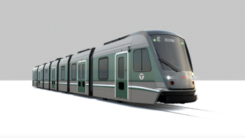 MBTA’s winning exterior design for its Green Line Type 10 “supercars” from CAF USA Inc. (pictured) was selected by riders and the transit agency’s employees. (Rendering Courtesy of MBTA)