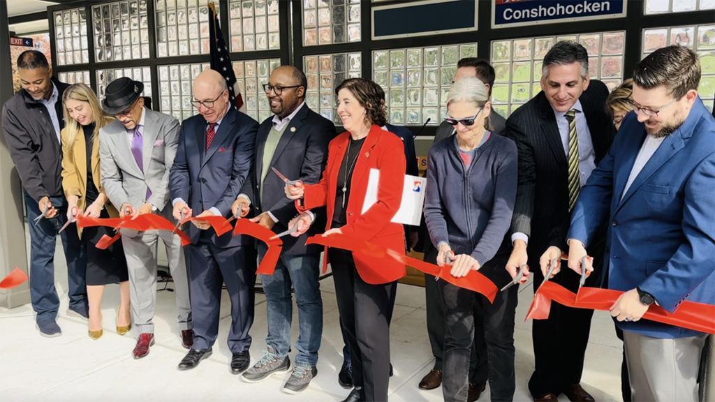 “Station accessibility is a core part of SEPTA’s capital program,” said SEPTA CEO and General Manager Leslie S. Richards (pictured, center). “With the opening of the new Conshohocken Station, we are one step closer to reaching our goal of making SEPTA easier to use and more accessible to all.” (SEPTA Photograph)