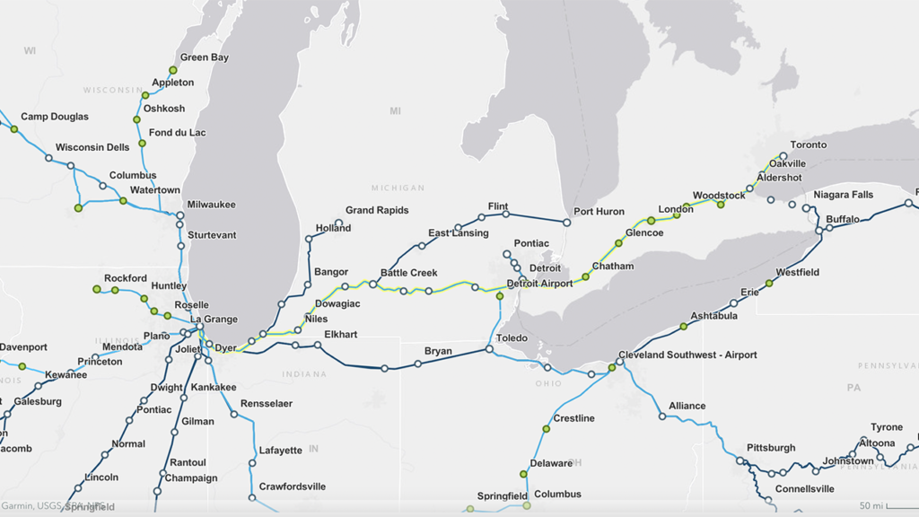 Station locations and the potential Chicago-Detroit-Toronto routing (yellow) are illustrative. Light blue lines denote proposed new corridors; dark blue lines denote existing Amtrak service. (Amtrak Map)