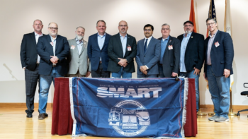 NS, SMART-TD and BLET on Feb. 15 signed an agreement to participate in FRA’s Confidential Close Call Reporting System (C3RS). Pictured: SMART-TD officers flank TD President Jeremy R. Ferguson (center), NS President and CEO Alan Shaw (left of Ferguson) and FRA Administrator Amit Bose (right of Ferguson) at the signing ceremony in Atlanta. (Photograph Courtesy of SMART-TD, NS)