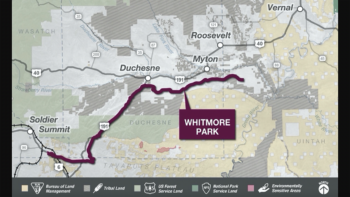 In August 2021, the STB Office of Environmental Analysis issued a Final EIS for the Uinta Basin Railway project, identifying the 88-mile Whitmore Park Alternative as the environmentally preferred route, one of three analyzed. It would extend from two terminus points in northeastern Utah’s Uinta Basin near Myton and Leland Bench to a connection with the existing Union Pacific Provo Subdivision near Kyune (see map above).